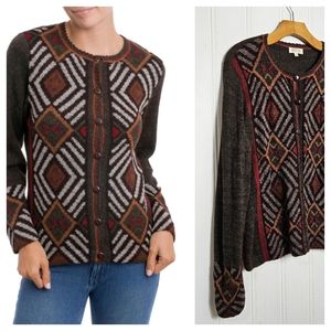 Novica Alpaca Cardigan Sweater Sz M Brown Argyle Diamond Motif Handcrafted Peru